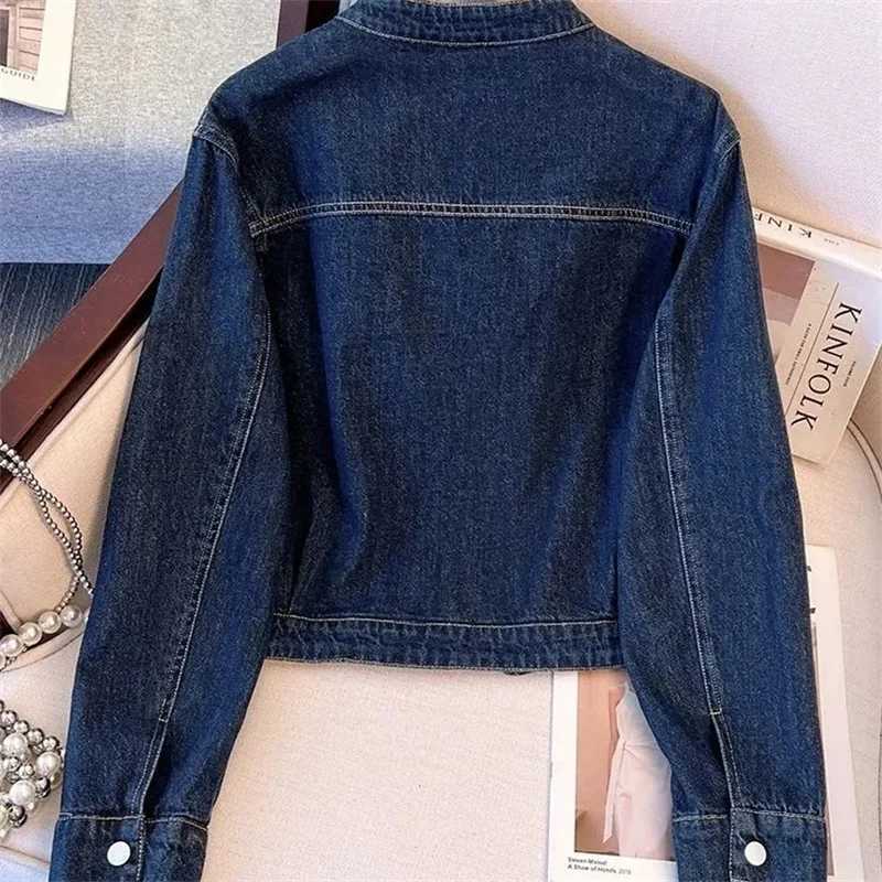 Round neck Denim Jacket For women Spring Autumn 2025 New Slim Short Cardigan Thin Jackets Female Motorcycle Zipper Outwear topT260328