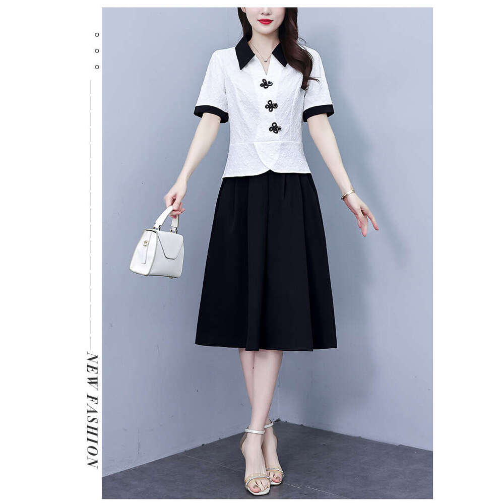 Plus-Size Women's Clothing : Stylish Button-Down Short-Sleeve Top Fashionable Age-Reducing Skirt Set For Middle-Aged Mothers Qipao Hanfu Silk