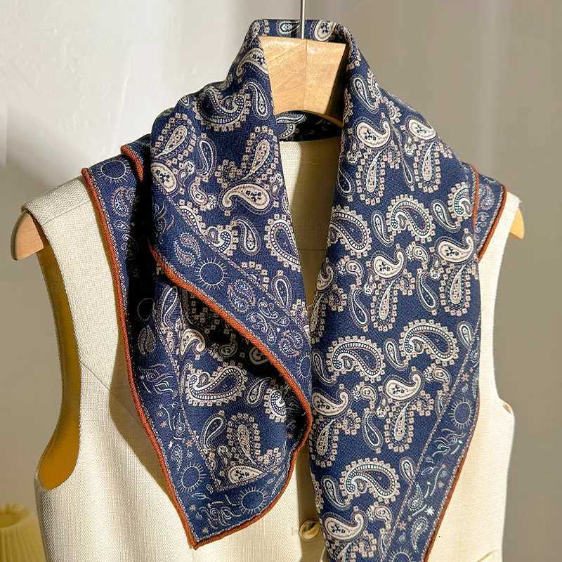 Psychedelic Paisley Silk Wool Scarf for Wen Autumn/Winter Deep Blue Versatile Warm Elegant Square Shawl X260328
