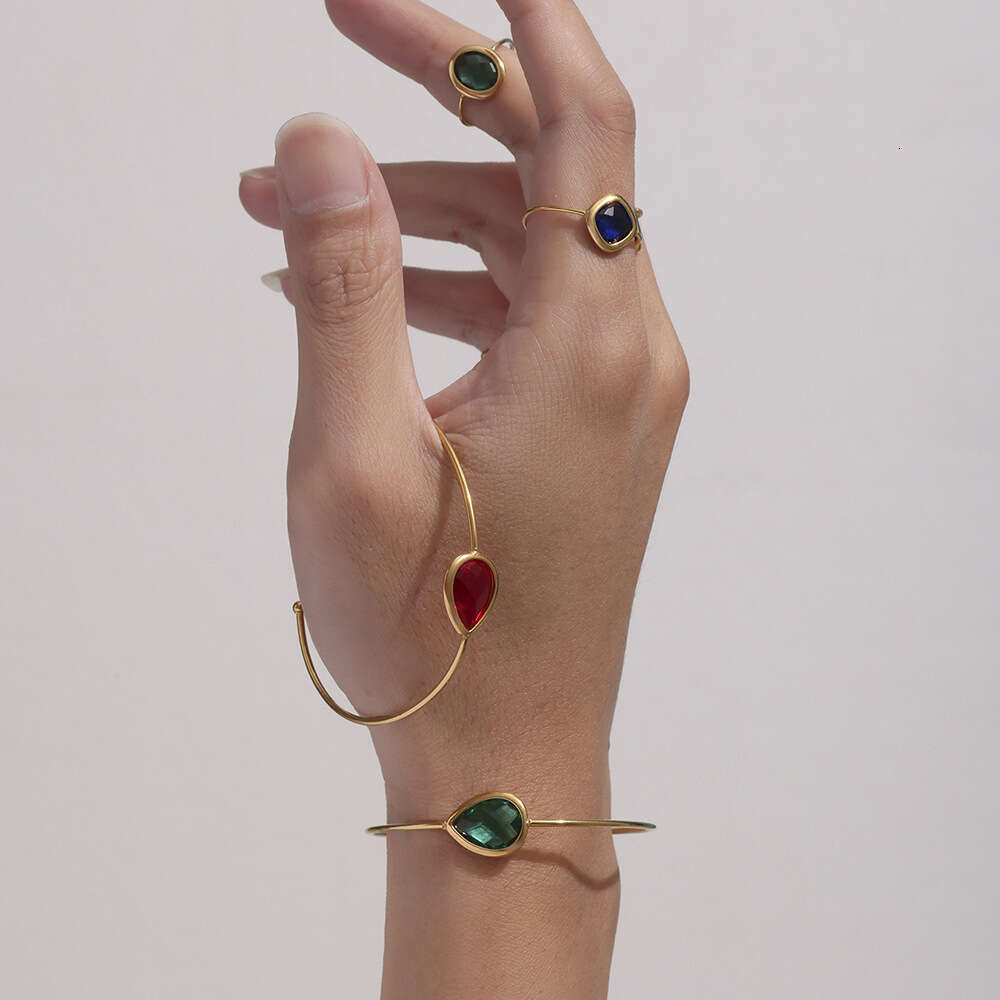 Water Drop Shaped Colorful Zircon Adjustable Open Bracelet For Women, Stainless Steel Plated With 18K Gold, Light Luxury And Simple Jewelry