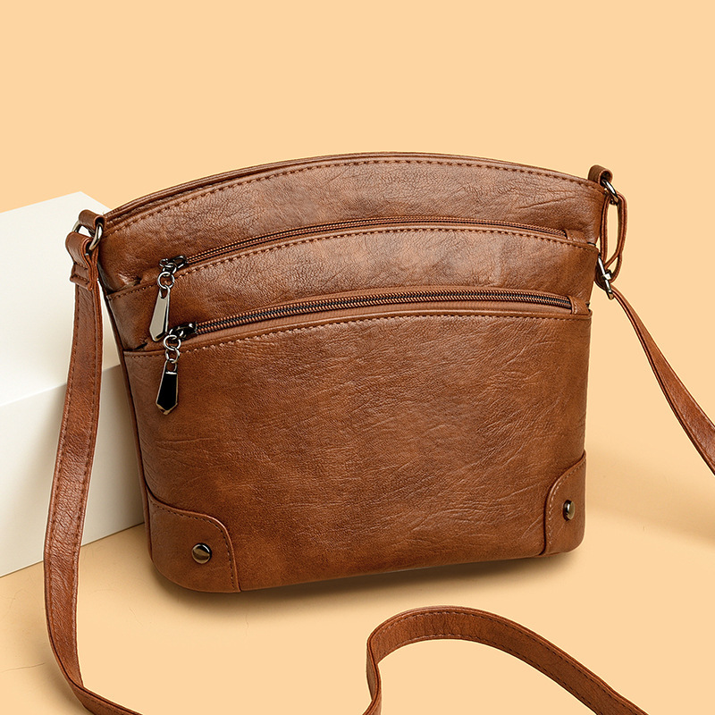 PU women's 2025 new vintage fashion multi-layer bucket soft leather ladies' shoulder crossbody bag for middle-aged mothers