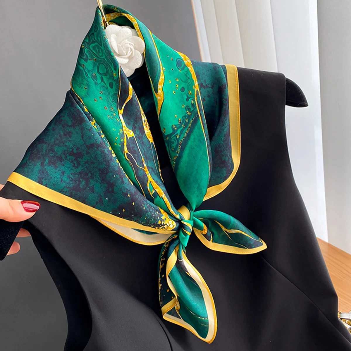 Dark Green River Print Neckerchief Vintage Imitation Silk Square Scarf Bandana Breathable Head Wrap Hair Accessories Z260330