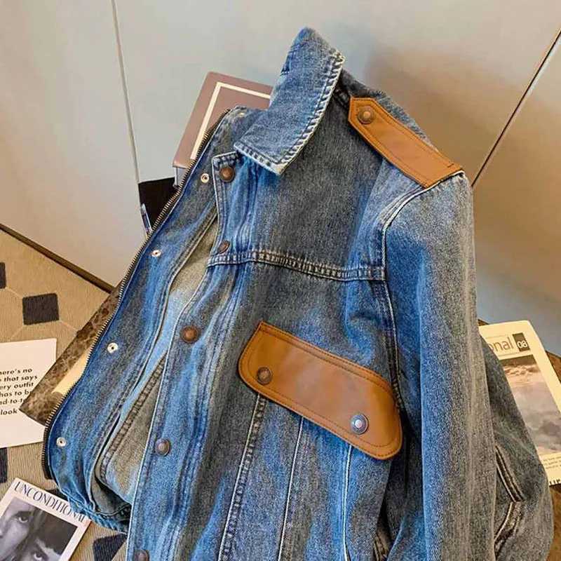 Vintage Stitching Denim Jacket Women Outwear Spring Autumn New Elegant Loose All-Match Design Jeans Jacket Tops Street ClothingT260328