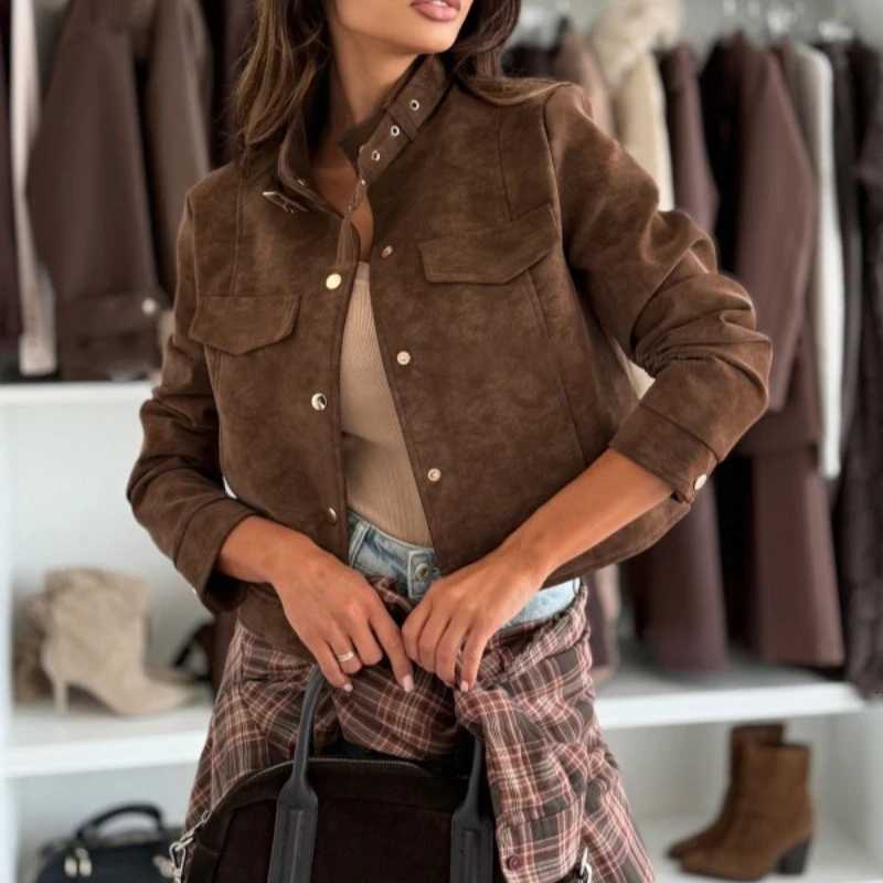 Spring Autumn Elegant New in Short Jacket Womens Long Sleeve Retro Solid Color Fashion Button Straight Jacket Top ClothesT260328