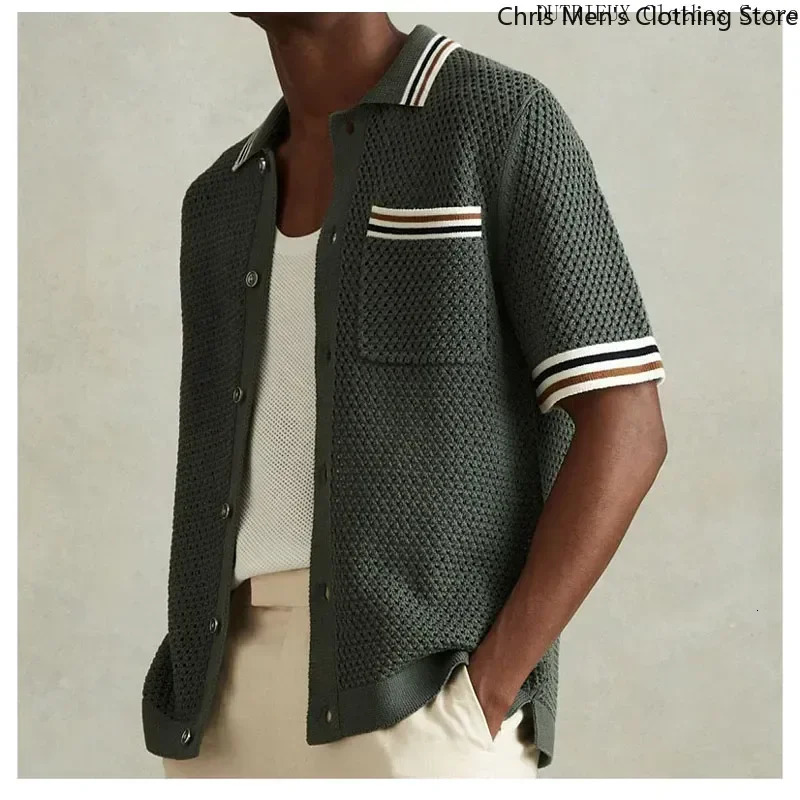Summer Hollow-knit Mens Shirt Business Leisure High Quality Lapel Mens Knit Shirt Street Fashion Mens Cardigan 260327