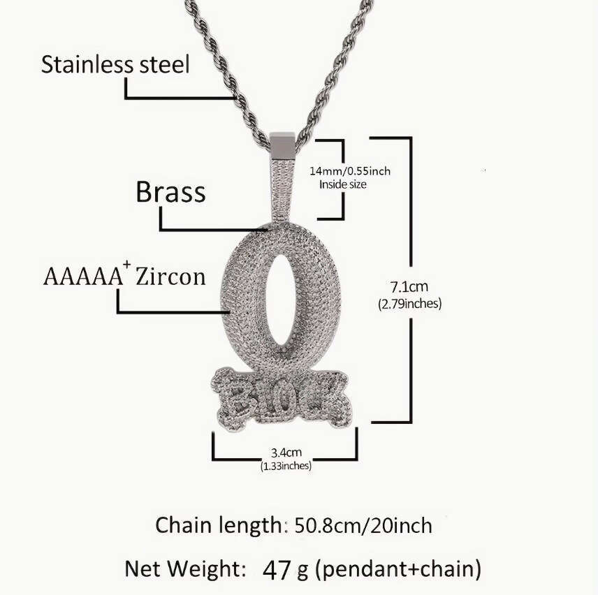 Hip-Hop Copper Pendant With Diamonds, O-Letter BLOCK Design, Personalized Trendy Cuban Chain Necklace, Cross-Border Men's Fashion Accessory