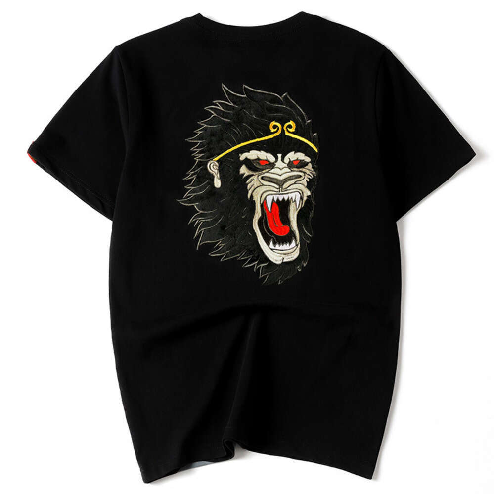 ZHE HAN Magic Summer New Trendy Pure Cotton Loose Heavy Embroidery Monkey King Round Neck Short Sleeve T-Shirt