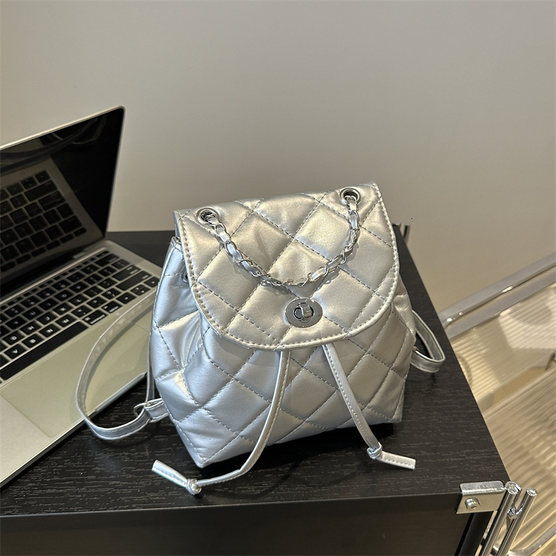 Free Shipping High Value Metallic Quilted Backpack for Women Mini Bucket Bag with Chain Strap