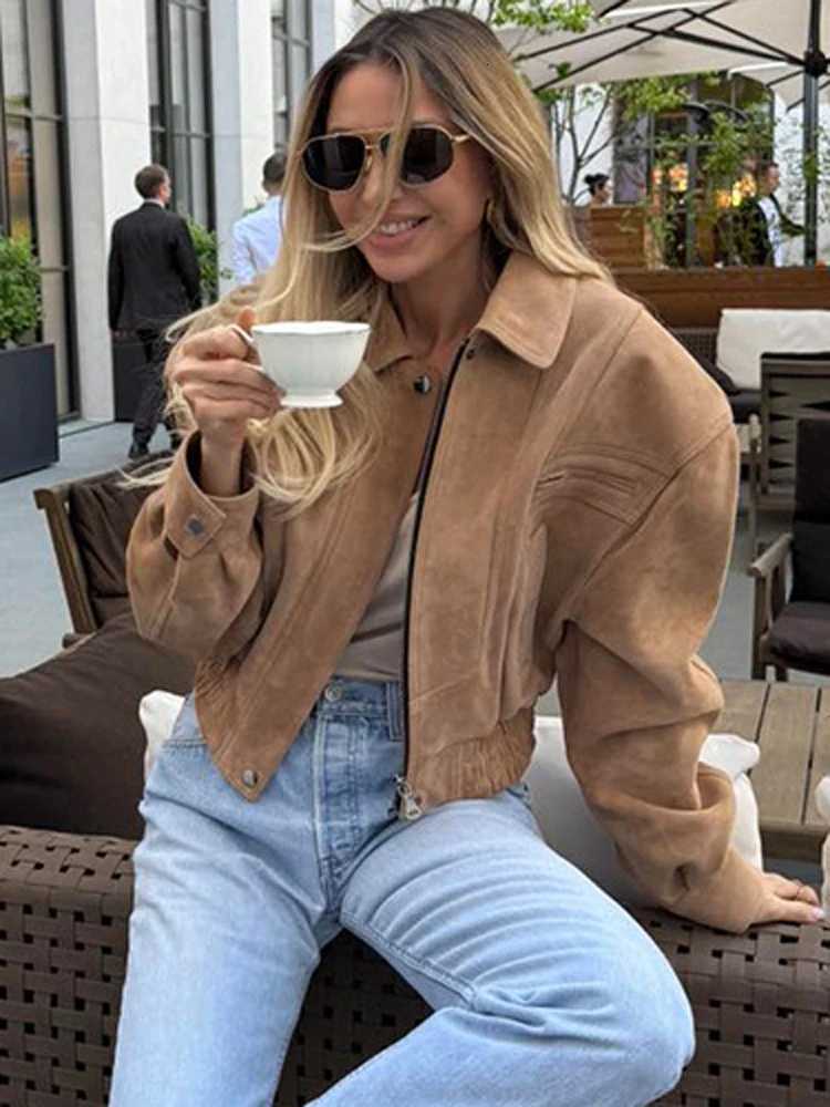 FSMG Vintage Solid Suede Lapel Jacket For Women Casual Long Sleeve Pocket Zipper Short Coat Lady High Street Motorcycle OutwearsT260328