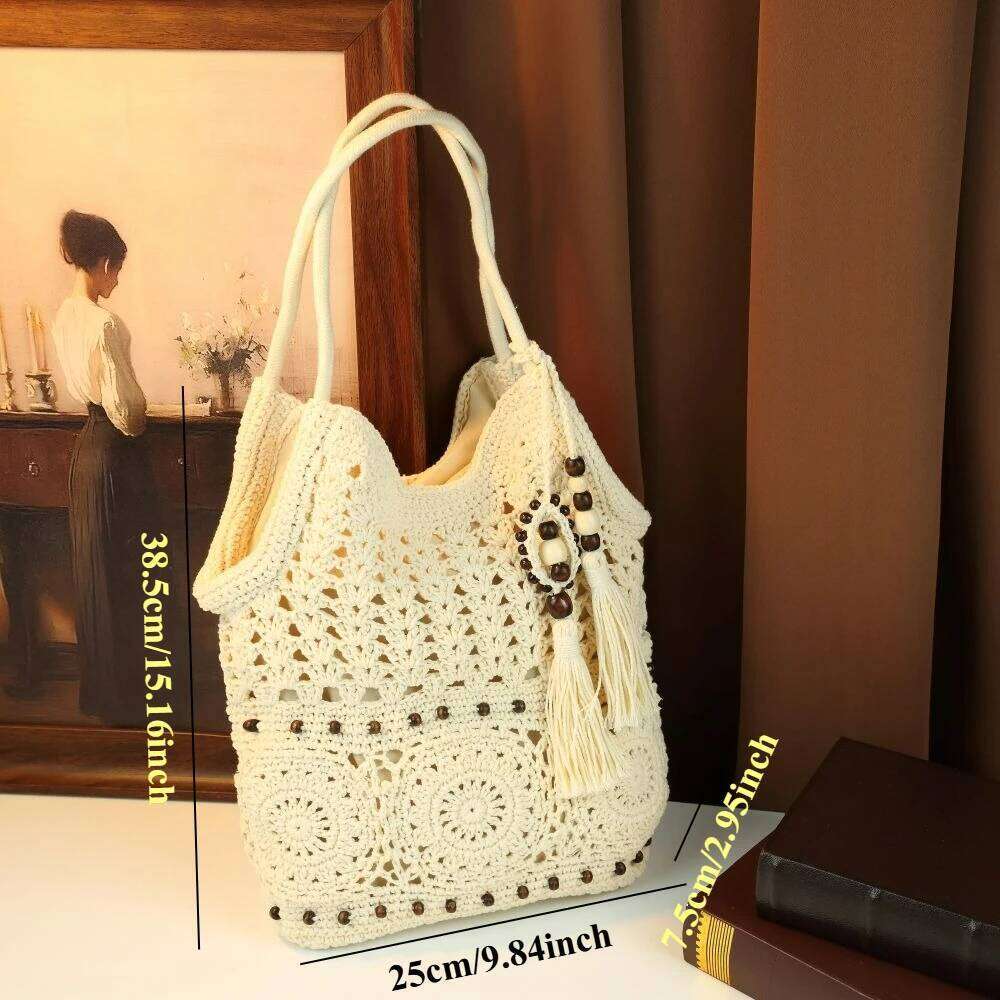 2026 New Crochet Knitting Openwork Woven Large Capacity Tassel Bead Shoulder Bag, Summer Beach Bag