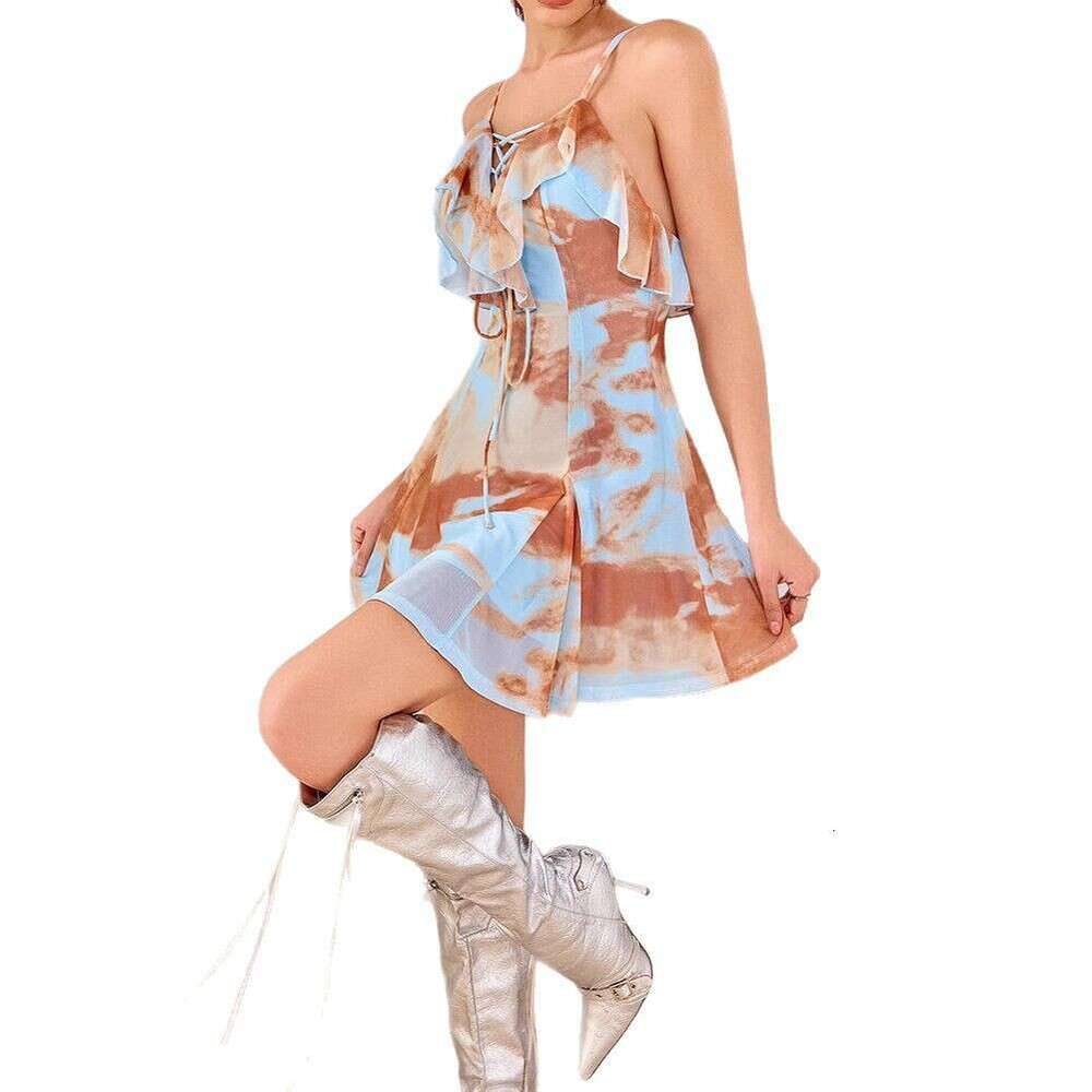 A10 2026 Summer New Designer European and American Women's Fashion Elegant Mesh Printed Beach Resort Style Strap Skirt