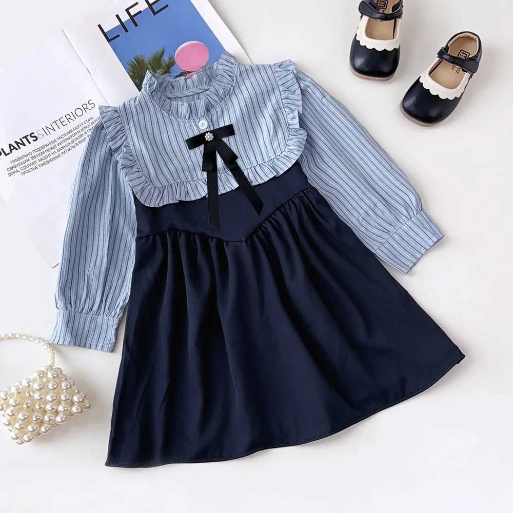 Autumn Girls Sweet Cute Fashion Striped Long Sleeve Bow Decoration Patchwork Dress 1 Pc 2-7 Years Kids Casual ClothesT260330