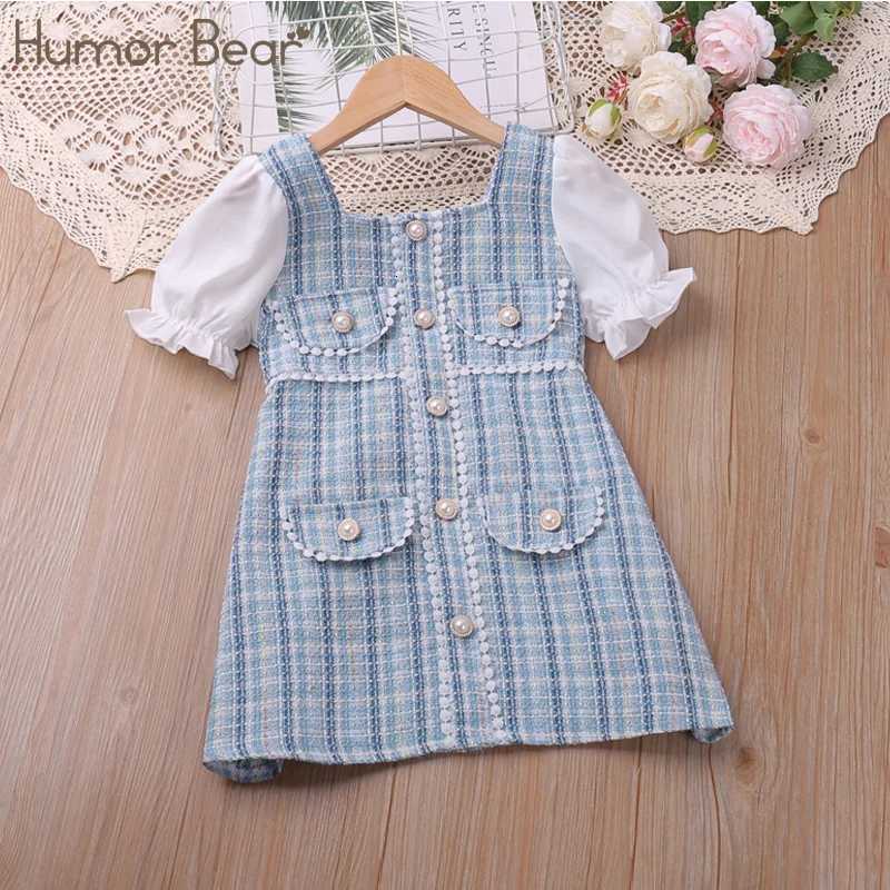 Humor Bear Kids Clothes Checked Pearl Buckle Floral Dress Cute Princess Dress Puff Sleeves With Small Fragrance DressT260330