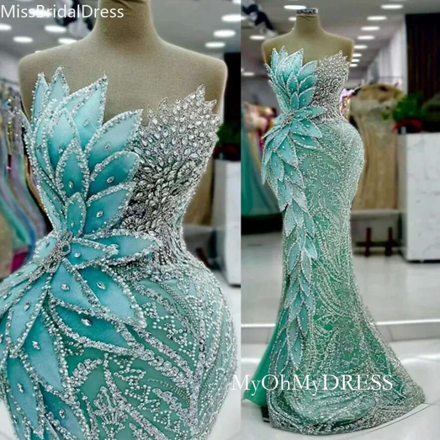 2025 Mint Mermaid Prom Illusion Promdress Evening Formal Gowns For Special Occasion Beaded Rhinestones Lace Leaf Birthday Dress Second Reception Gown 