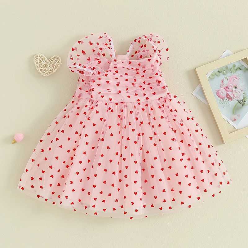 0-4Y Baby Girls Heart Print Tulle Dress Valentines Day Short Puff Sleeve A-line Dress Kids Princess Dresses Summer ClothesT260330