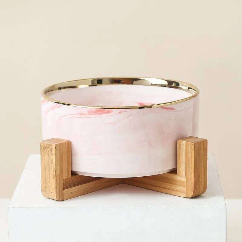Marble-Patterned Pet with Wooden Frame Gold Edge Fashionable Creative Water Food Bowl for Dogs and Cats 26W0330