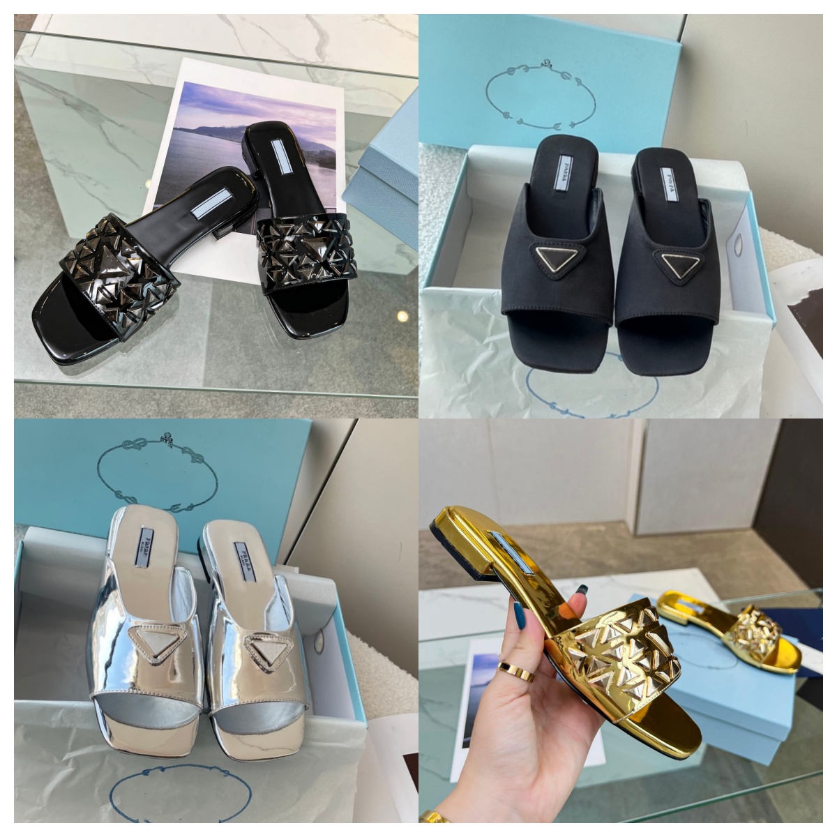 Top Designer glossy surface Sandals Luxury high quality lambskin Triangle p Slippers Women Leather Summer Flat fashion Rivet metal low heel sandals Size 35-42