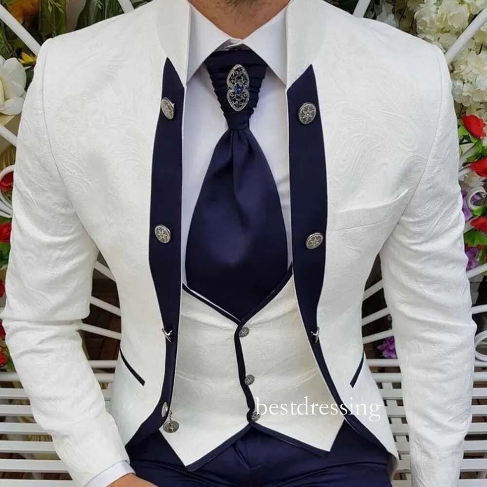 Print White And Blue Wedding Tuxedos 3 Pieces Slim Fit Mens Suit For Special Occasion Contrast Color Business Prom Wear D0330
