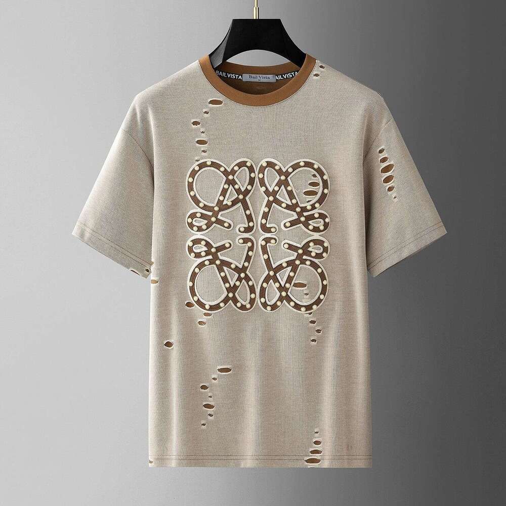 European fashion design ripped short-sleeve luxury new summer trendy embroidered T-shirt men's half-sleeve tee