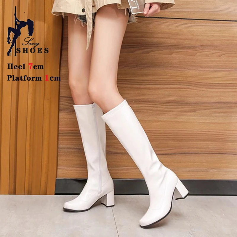 7cm High Heeled Gogo Boots 60s 70s Square Heel Knee-High Party Boots Sexy Retro Zip Women Cross Dressing Shoes Big Size 44 45 4 260327