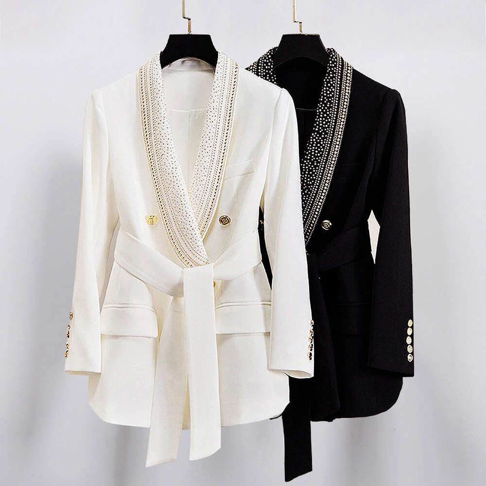 Spring and A9 Autumn New Designer Fashion Women's Medium to Long Sports Jacket with Gold Foil Belt Shawl Neck Black and White