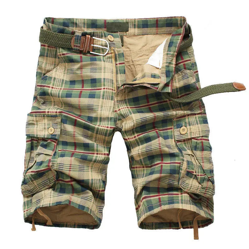 2026 Summer Men Shorts Fashion Plaid Beach Shorts Mens Casual Shorts Military Short Pants Male Bermuda Cargo Overalls No belt 260330