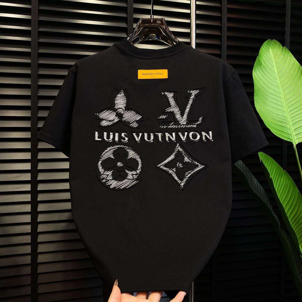 Cotton Short Heavy Craft Half Sleeve Embroidered T-Shirt Men Light Luxury Trendy Brand Dopamine National Trend Hot Item