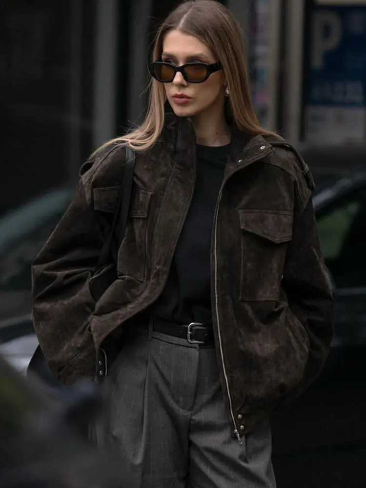 HH Women Street Casual Solid Suede Overcoat Jackets Stand Collar Zippers Loose Coats Female 2025 Autumn Fashion Lady JacketT260328