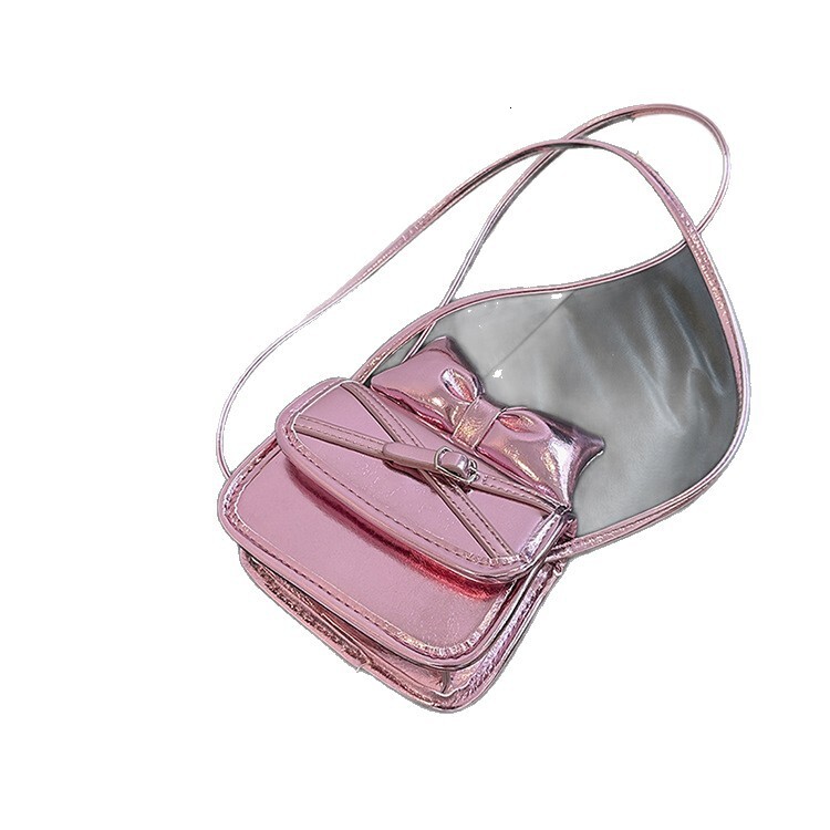 Free Shipping High Value Shiny Metallic Bow Mini Crossbody Bag for Women Cute Small Square Purse with Adjustable Strap