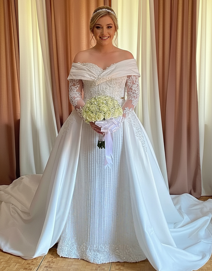 Classic White Sequin Lace Wedding Dresses With Detachable Train Long Sleeves Off-Shoulder Gorgeous Bridal Gowns Back Lace-up Plus Size Bride Dress Cus