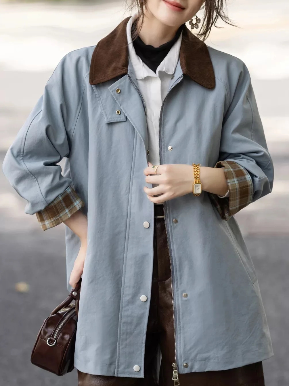 SuperAen Korean Style Autumn Retro Stand-up Collar Drawstring Waist Long-sleeved Jackets Women Trench 260327