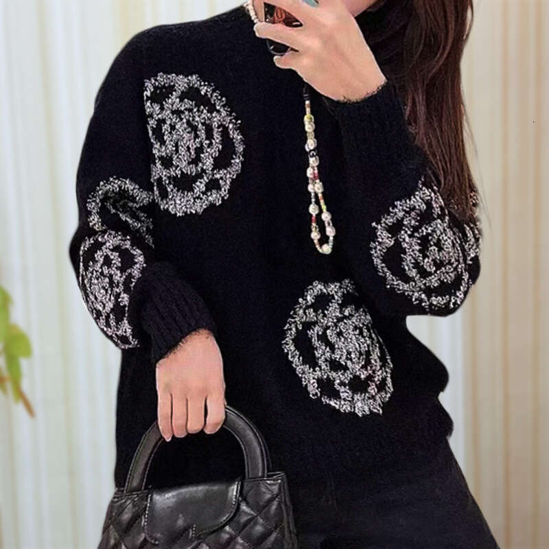 Women's Pullover Sweater, Loose Fit, Round Neck, Black, Long Sleeves, Camellia Sequin Knit Jacquard, Autumn New Model Qipao Hanfu Silk