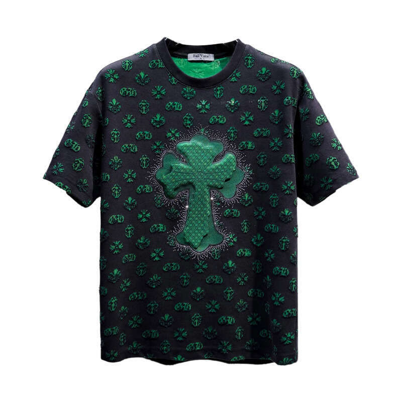 European-style men's high-end rhinestone-embellished short-sleeve T-shirt, luxury new summer trendy brand, loose-fitting, light-luxury American s