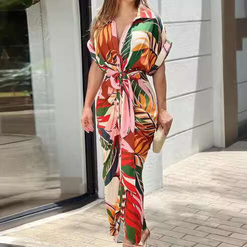 2026 Summer Single-Breasted Mid-Length Women's Printed Short-Sleeve Shirt Dress