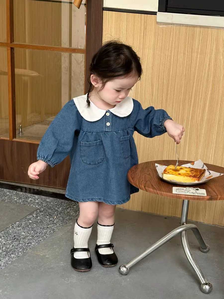 Q2495 Korean Style Spring Autumn Baby Dress Cute Loose Lapel Long Sleeve Soft Denim Dress Doll Collar One Piece Baby OutfitT260330