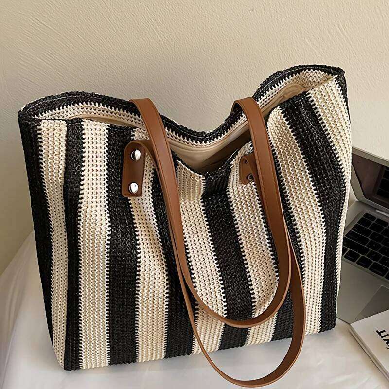 New Women S Fashion Classic Striped Pattern Retro Single Shoulder Bag Large Capacity And Versatile Straw Woven Multi Compartmen XIU LAI SI