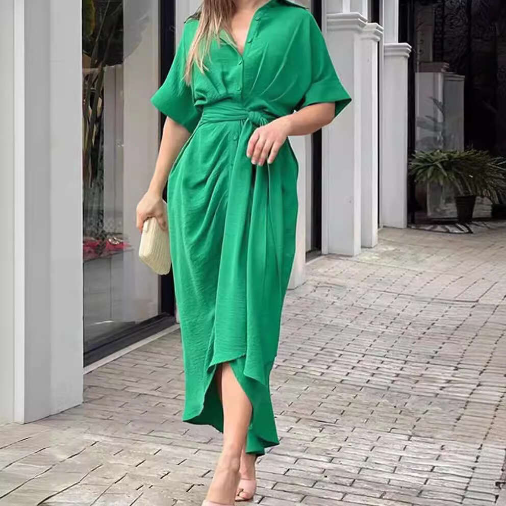 European and American women's fashion cross-border new style 2026 collared mid-length short-sleeve single-breasted high-waisted shirt dress
