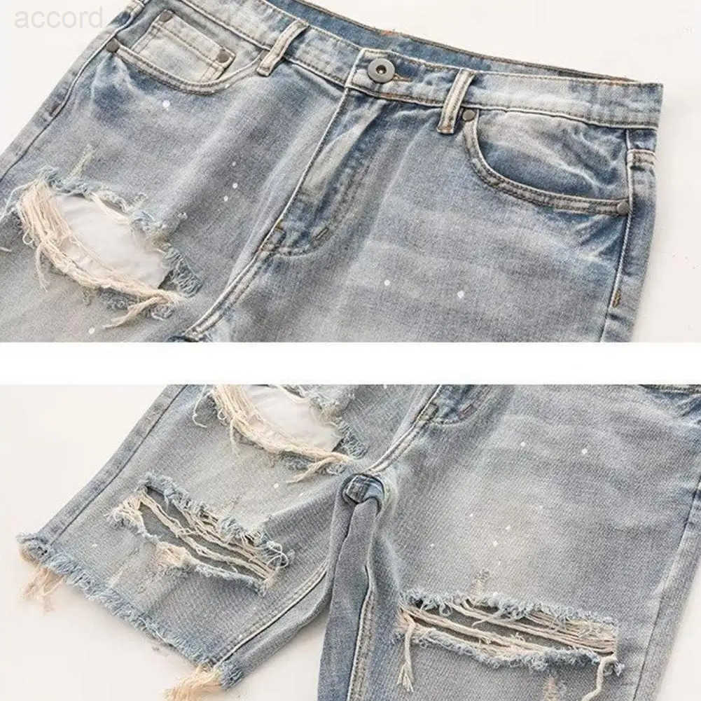 Men Denim Shorts Button Zipper Fly Multi Pockets Short Jeans Straight Fit Ripped Holes Knee Length Distressed Denim Shorts H260330