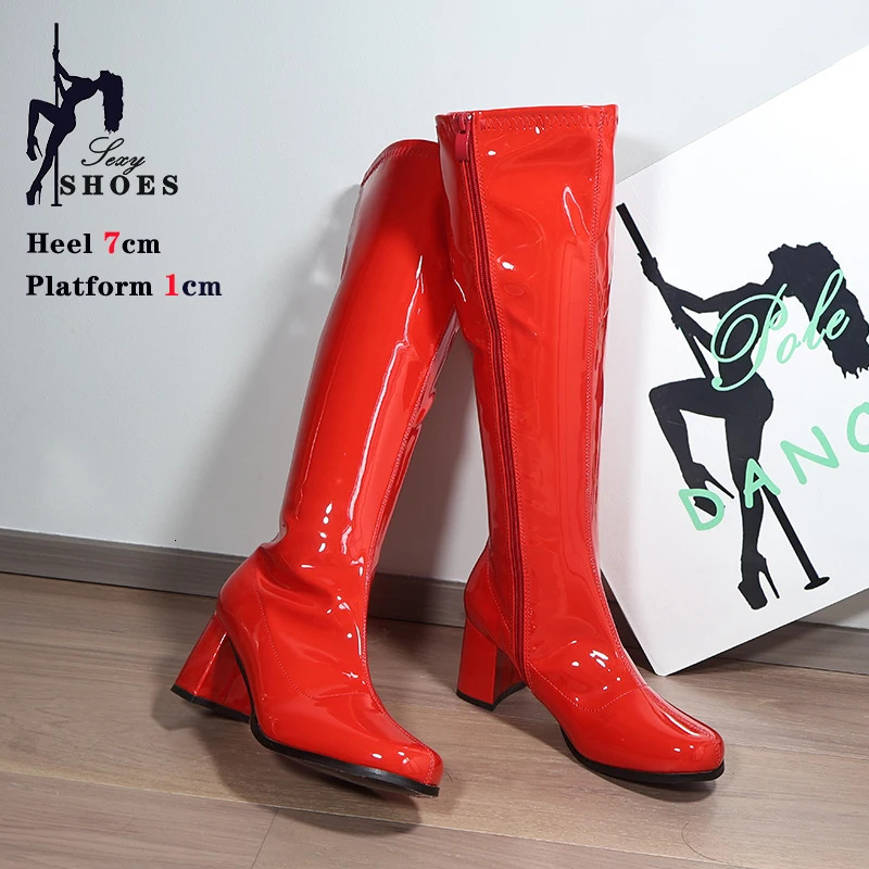 7cm High Heeled Gogo Boots 60s 70s Square Heel Knee-High Party Boots Sexy Retro Zip Women Cross Dressing Shoes Big Size 44 45 4 260327