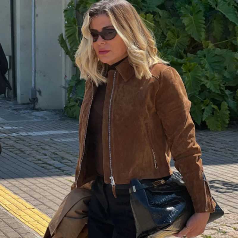 HXAO Cropped Coat Suede Jacket Women Demi-Season Faux Leather Jacket Outerwears Long Sleeve Bomber Jacket Zip Up Short CoatT260328
