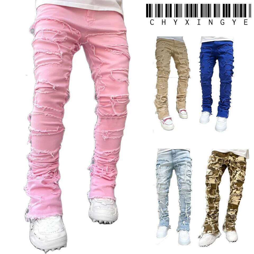 Streetwise Stretch Patch Jeans For Men Bottom Baggy Men's Clothing Summer Solid New Fashion Mid Waist Patchwork Long Pants Male 26Y0330