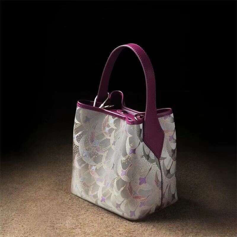 Song Brocade New Chinese National Style Cheongsam Bucket Early Spring Cowhide Single Shoulder Handbag Crossbody Bag Chinese Embroidery Fashion Bag Tot