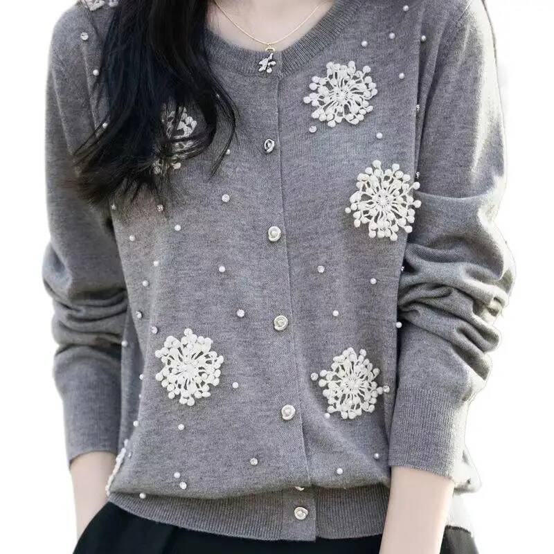 Fashionable French Knitted Heavyweight Open Cardigan Embellished 3D Flower Loose Fit Sweater Versatile Casual Chic Top