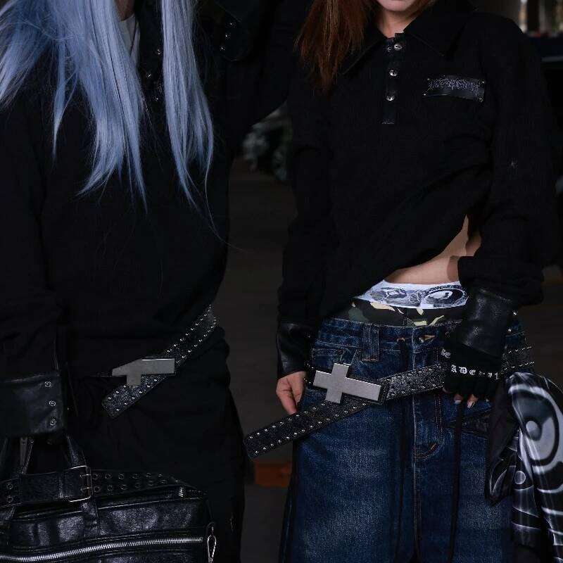 Subculture Harajuku Punk Studded Cross Burst Pattern Hip Hop Street Style Men's Rock Party Music Festival Belt Chunjinqiuli