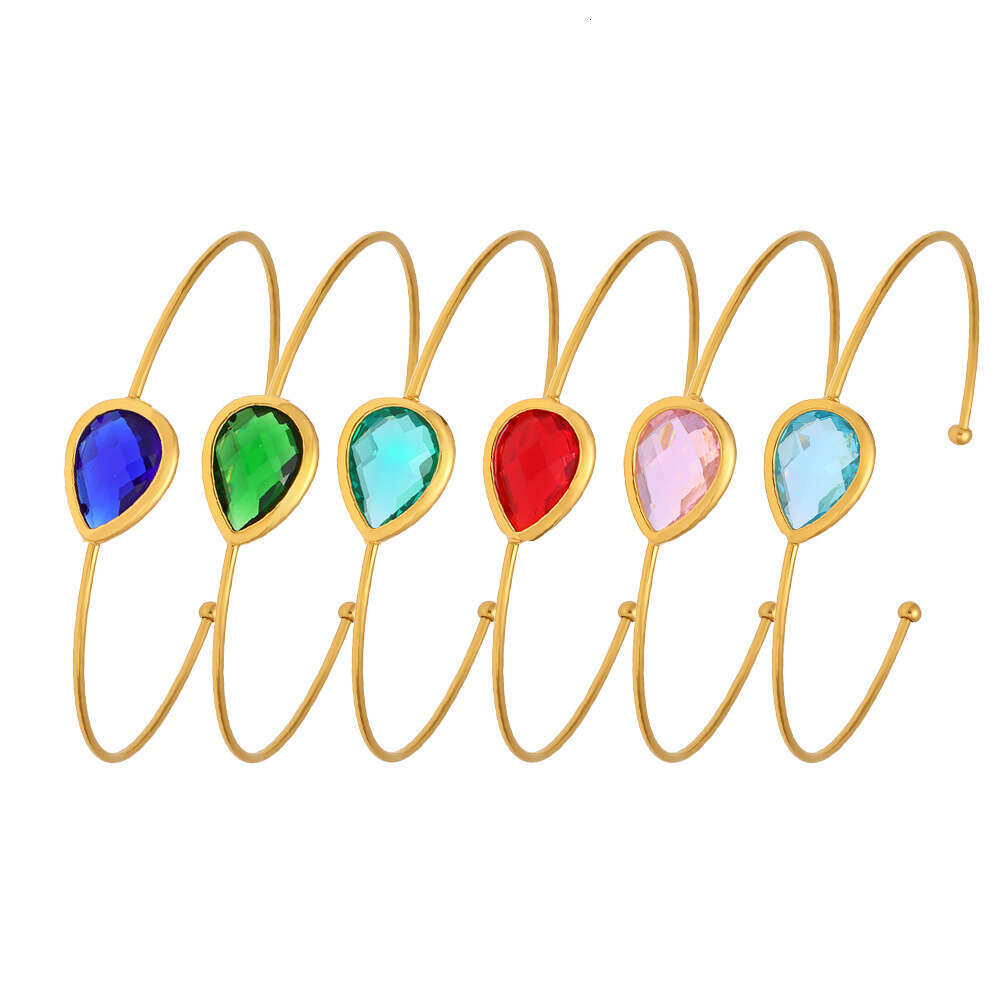 Water Drop Shaped Colorful Zircon Adjustable Open Bracelet For Women, Stainless Steel Plated With 18K Gold, Light Luxury And Simple Jewelry
