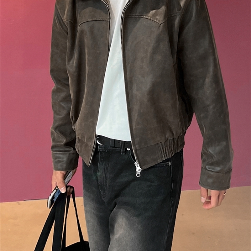 Mauroicardi Spring Autumn Vintage Lightweight Distressed Washed Brown Pu Leather Jacket Men Zipper Casual Korean Fashion Clothes 260327