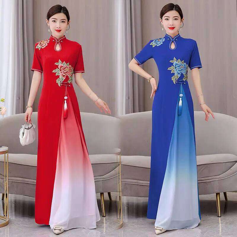 Catwalk Short Sleeve Long Improved Vietnam Audrey Ao Dai Qipao Cheongsam Dance Dress MAKOUFEI