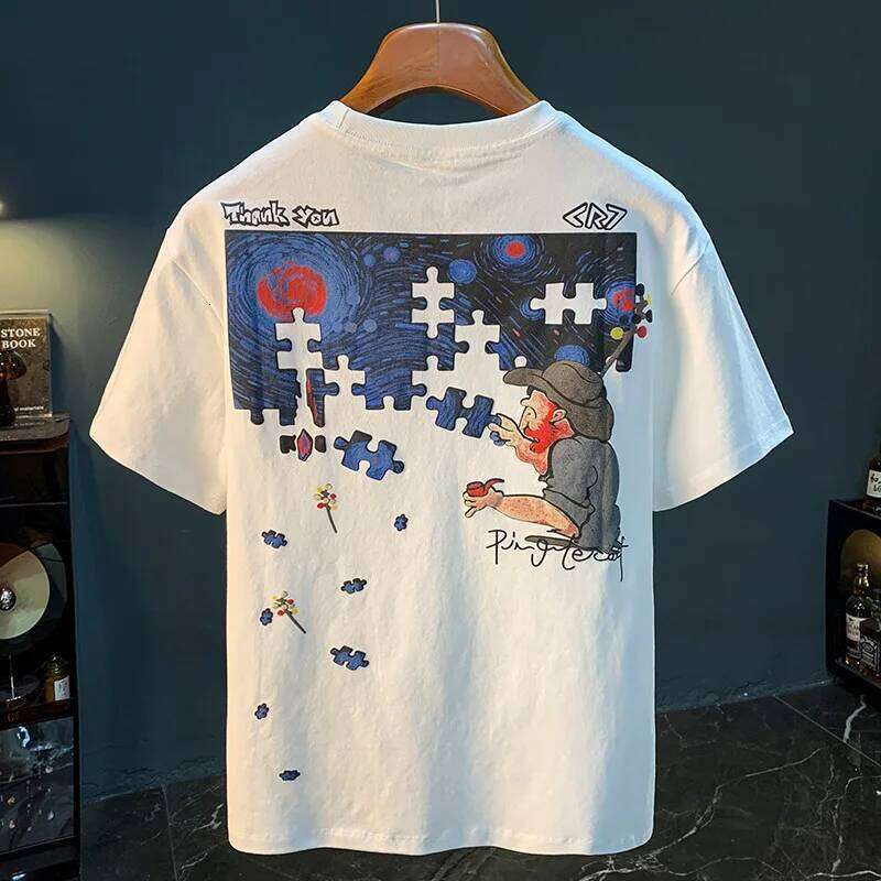 Fashionable Men's T-Shirt Trend Abstract Artistic Print Summer Loose Combed Cotton Comfortable Short Sleeved Top