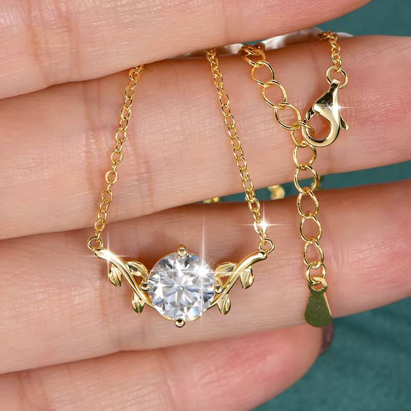 Elegant Shiny Gold Plated D Color VVS1 2CT Moissanite Vine Plant V-Neck Collarbone Chain Leaf Pendant Necklace for Women