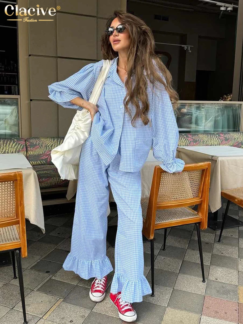 Clacive Fashion Loose Plaid Cotton Womens 3 Pieces Set Elegant Long Sleeve Shirt With High Wiast Wide Pants Set Female 260326